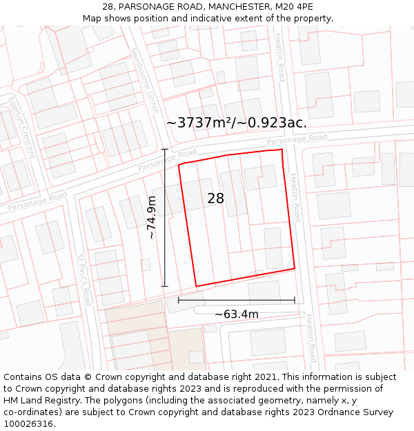 28, PARSONAGE ROAD, MANCHESTER, M20 4PE: Plot and title map