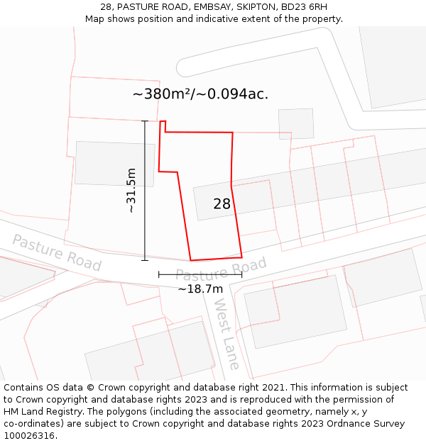 28, PASTURE ROAD, EMBSAY, SKIPTON, BD23 6RH: Plot and title map