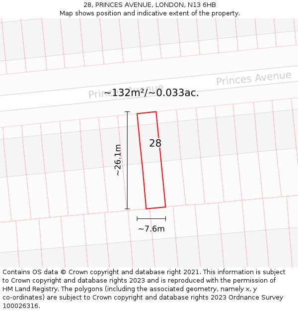 28, PRINCES AVENUE, LONDON, N13 6HB: Plot and title map