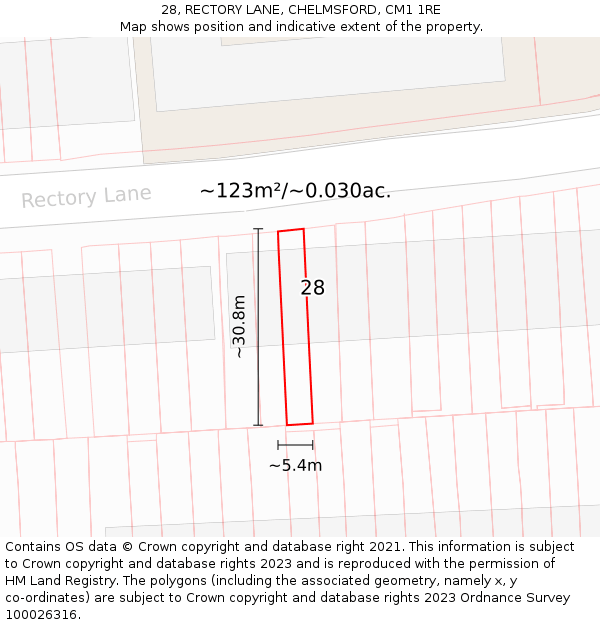 28, RECTORY LANE, CHELMSFORD, CM1 1RE: Plot and title map