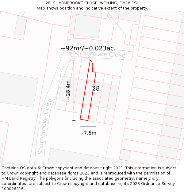 28, SHARNBROOKE CLOSE, WELLING, DA16 1SL: Plot and title map