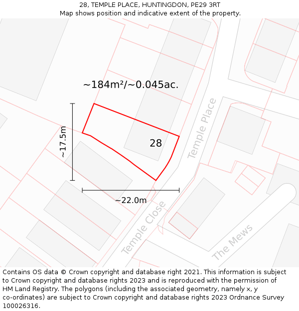 28, TEMPLE PLACE, HUNTINGDON, PE29 3RT: Plot and title map