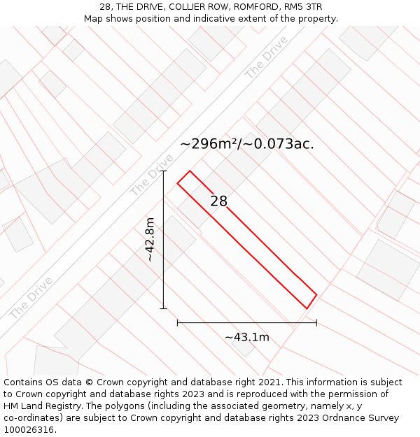 28, THE DRIVE, COLLIER ROW, ROMFORD, RM5 3TR: Plot and title map