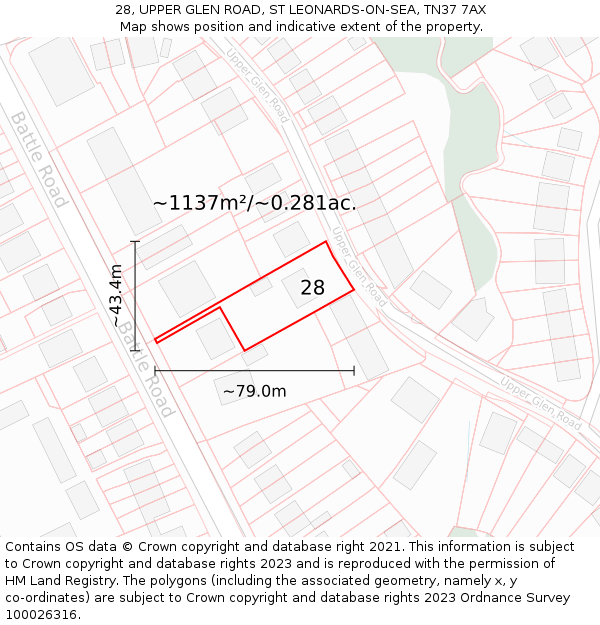 28, UPPER GLEN ROAD, ST LEONARDS-ON-SEA, TN37 7AX: Plot and title map