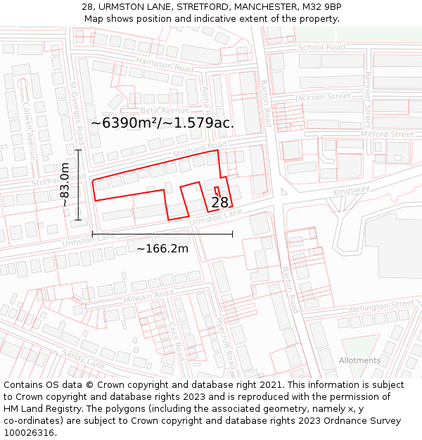 28, URMSTON LANE, STRETFORD, MANCHESTER, M32 9BP: Plot and title map