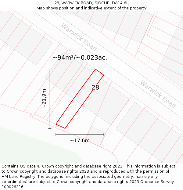 28, WARWICK ROAD, SIDCUP, DA14 6LJ: Plot and title map
