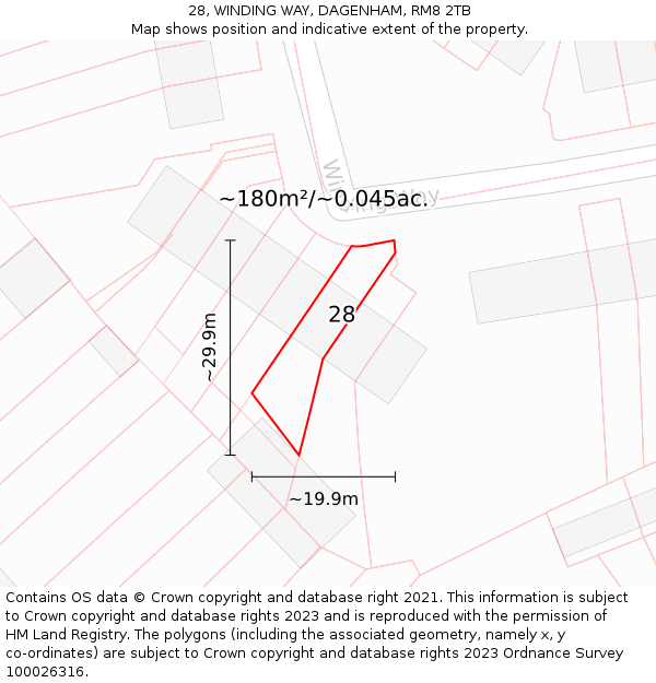 28, WINDING WAY, DAGENHAM, RM8 2TB: Plot and title map