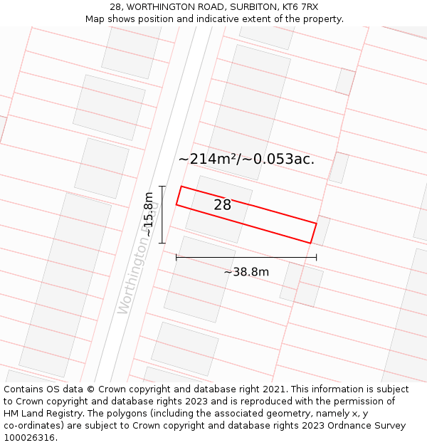 28, WORTHINGTON ROAD, SURBITON, KT6 7RX: Plot and title map