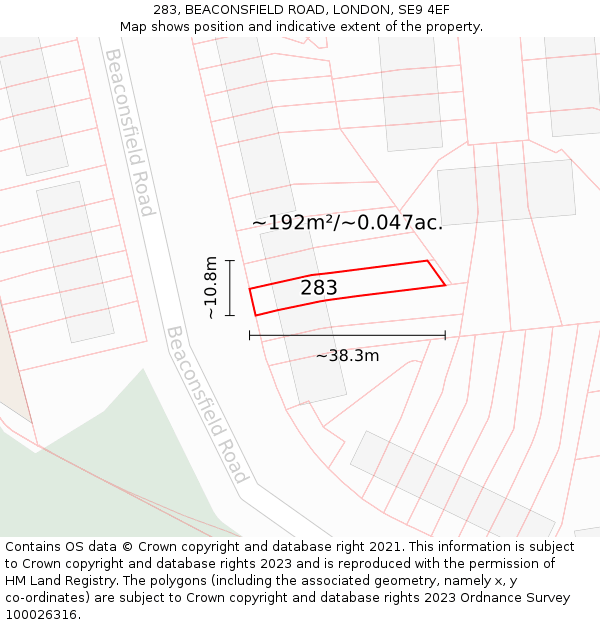 283, BEACONSFIELD ROAD, LONDON, SE9 4EF: Plot and title map