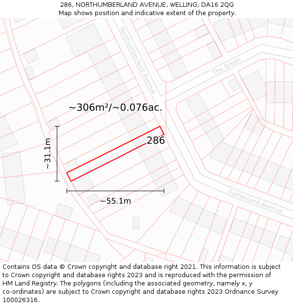 286, NORTHUMBERLAND AVENUE, WELLING, DA16 2QG: Plot and title map