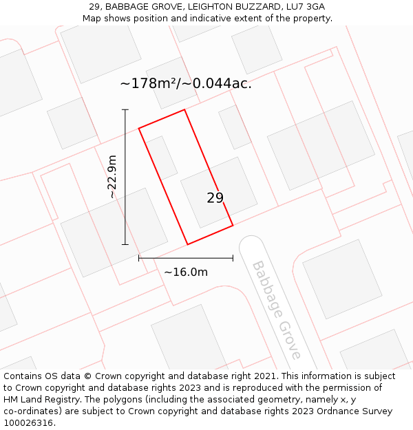29, BABBAGE GROVE, LEIGHTON BUZZARD, LU7 3GA: Plot and title map