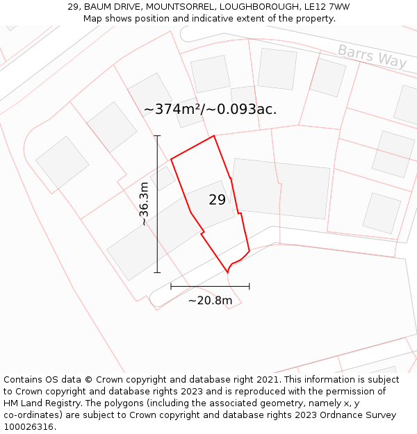 29, BAUM DRIVE, MOUNTSORREL, LOUGHBOROUGH, LE12 7WW: Plot and title map