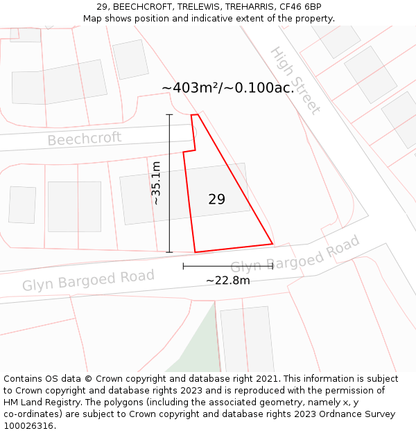 29, BEECHCROFT, TRELEWIS, TREHARRIS, CF46 6BP: Plot and title map