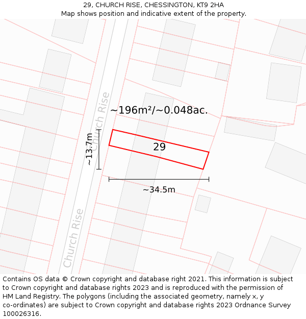 29, CHURCH RISE, CHESSINGTON, KT9 2HA: Plot and title map