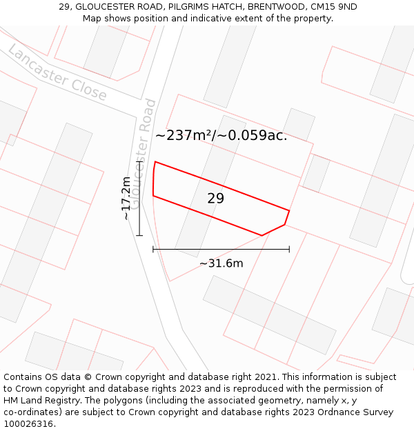 29, GLOUCESTER ROAD, PILGRIMS HATCH, BRENTWOOD, CM15 9ND: Plot and title map