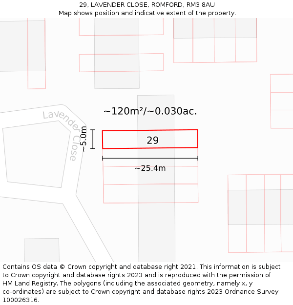 29, LAVENDER CLOSE, ROMFORD, RM3 8AU: Plot and title map