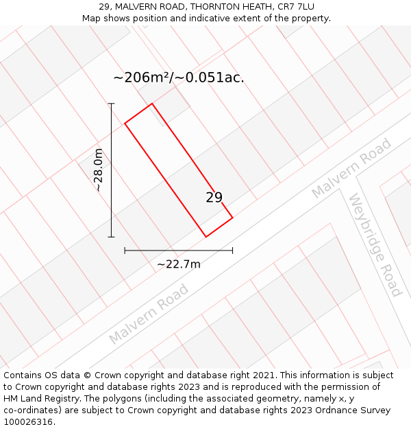 29, MALVERN ROAD, THORNTON HEATH, CR7 7LU: Plot and title map