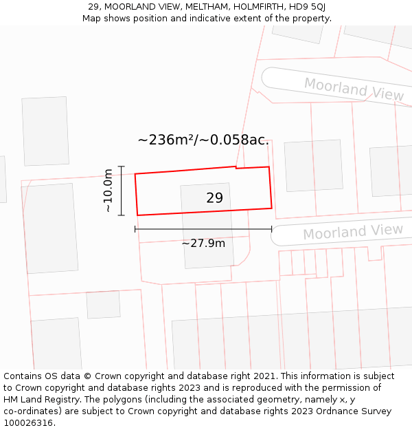 29, MOORLAND VIEW, MELTHAM, HOLMFIRTH, HD9 5QJ: Plot and title map