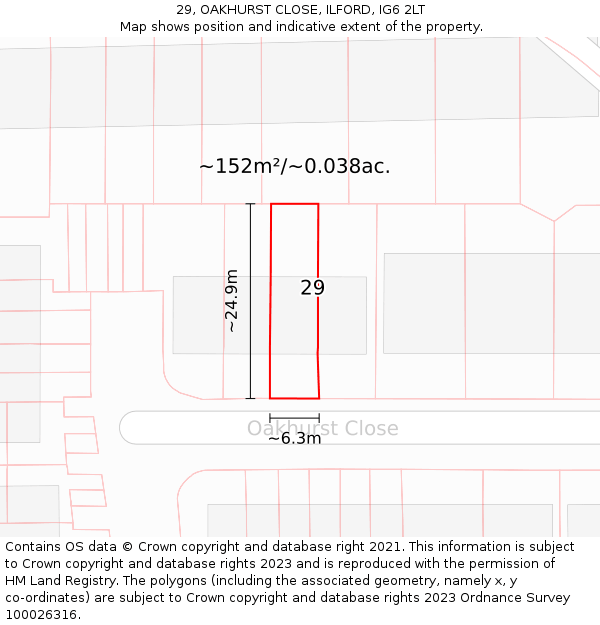 29, OAKHURST CLOSE, ILFORD, IG6 2LT: Plot and title map