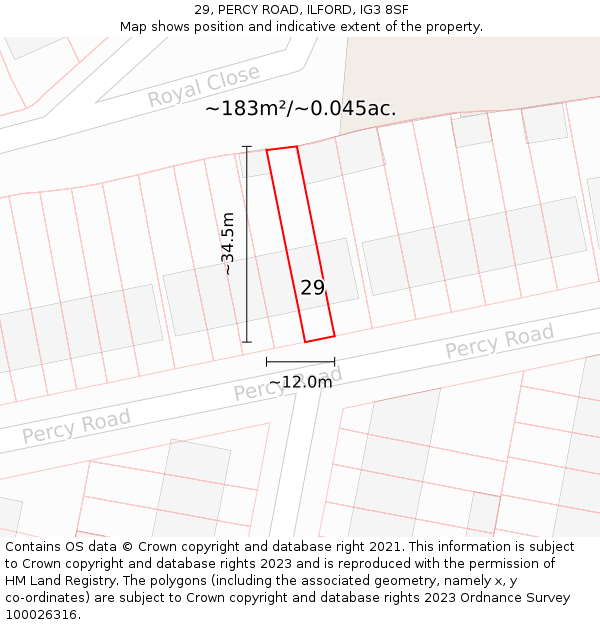 29, PERCY ROAD, ILFORD, IG3 8SF: Plot and title map