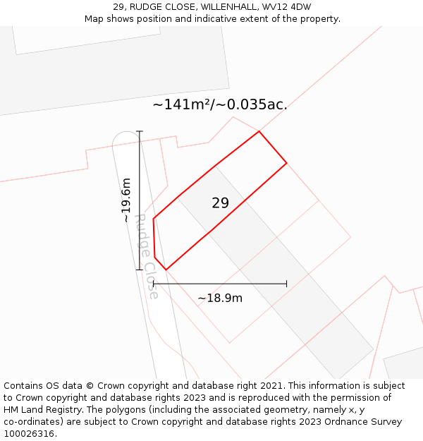 29, RUDGE CLOSE, WILLENHALL, WV12 4DW: Plot and title map