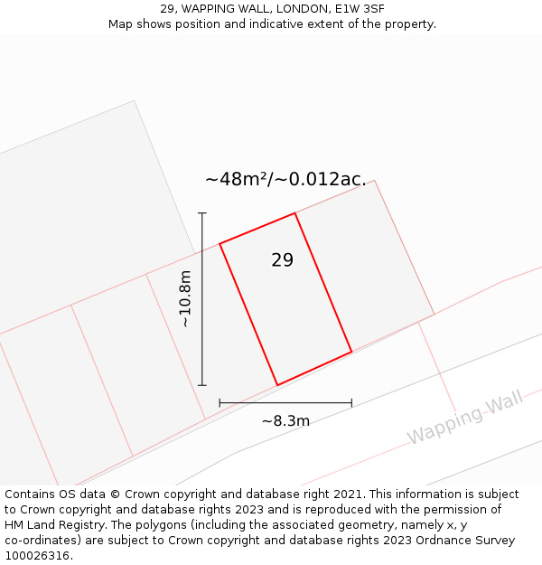 29, WAPPING WALL, LONDON, E1W 3SF: Plot and title map