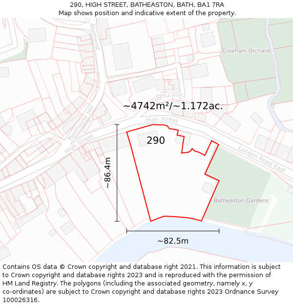 290, HIGH STREET, BATHEASTON, BATH, BA1 7RA: Plot and title map