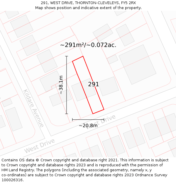291, WEST DRIVE, THORNTON-CLEVELEYS, FY5 2RX: Plot and title map