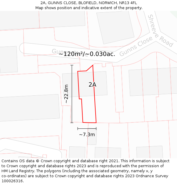 2A, GUNNS CLOSE, BLOFIELD, NORWICH, NR13 4FL: Plot and title map