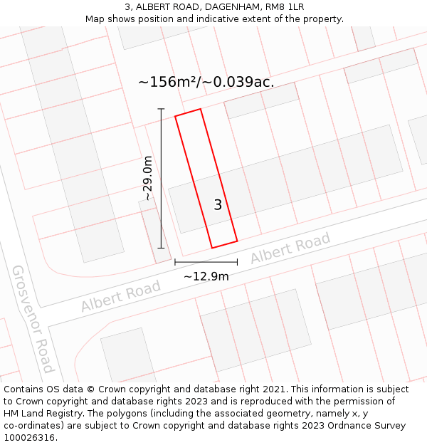 3, ALBERT ROAD, DAGENHAM, RM8 1LR: Plot and title map