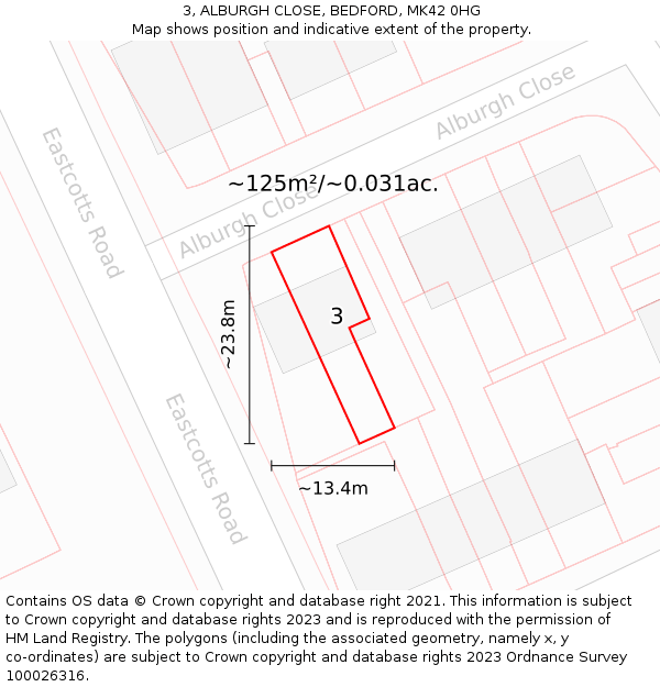 3, ALBURGH CLOSE, BEDFORD, MK42 0HG: Plot and title map