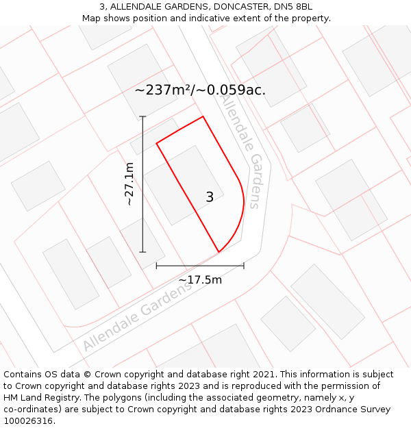 3, ALLENDALE GARDENS, DONCASTER, DN5 8BL: Plot and title map