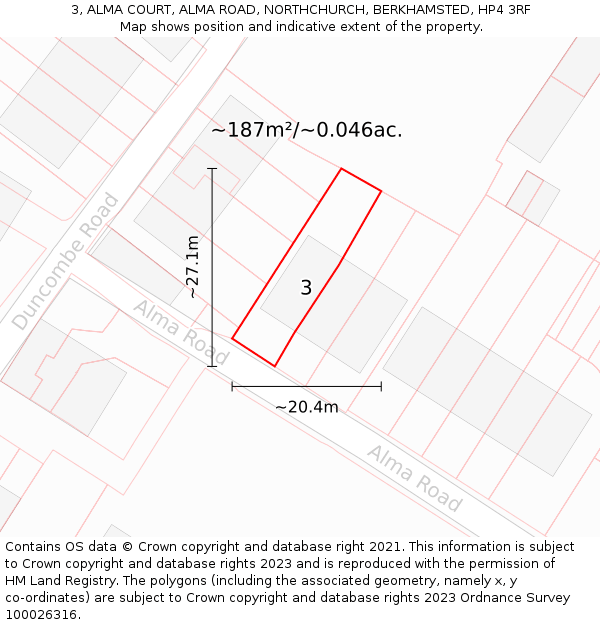 3, ALMA COURT, ALMA ROAD, NORTHCHURCH, BERKHAMSTED, HP4 3RF: Plot and title map
