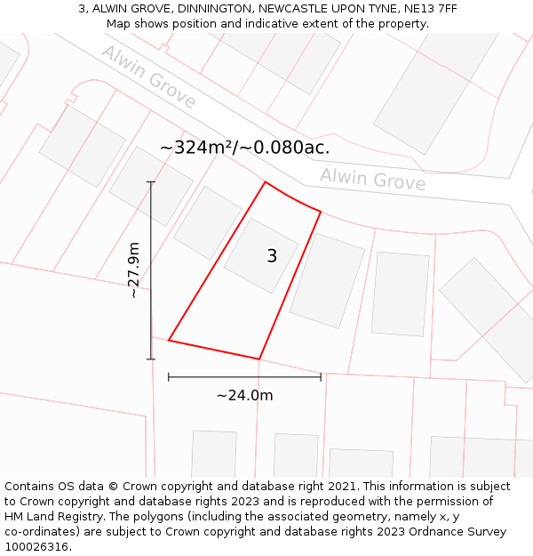 3, ALWIN GROVE, DINNINGTON, NEWCASTLE UPON TYNE, NE13 7FF: Plot and title map