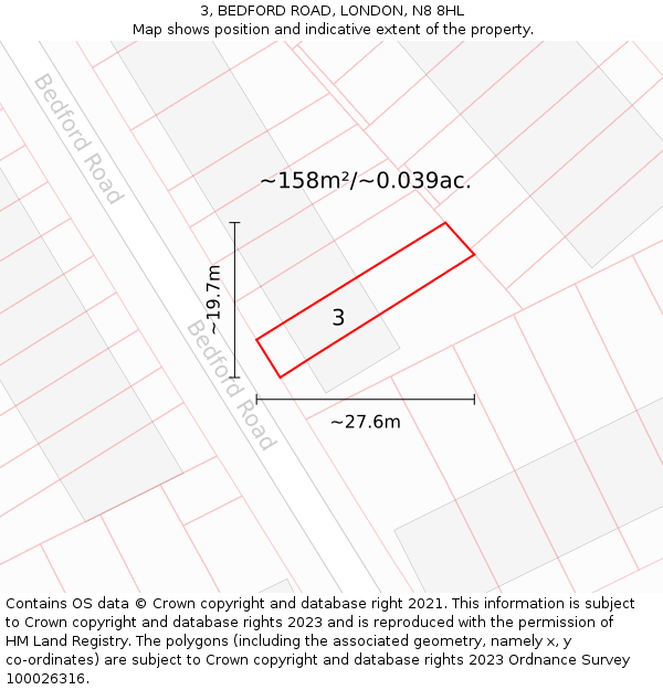 3, BEDFORD ROAD, LONDON, N8 8HL: Plot and title map