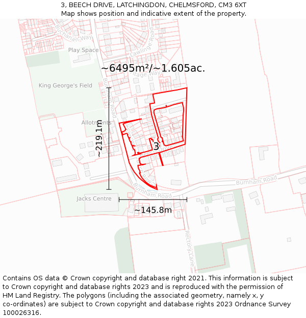 3, BEECH DRIVE, LATCHINGDON, CHELMSFORD, CM3 6XT: Plot and title map