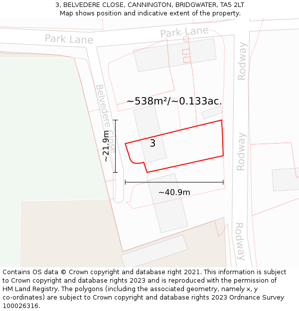 3, BELVEDERE CLOSE, CANNINGTON, BRIDGWATER, TA5 2LT: Plot and title map