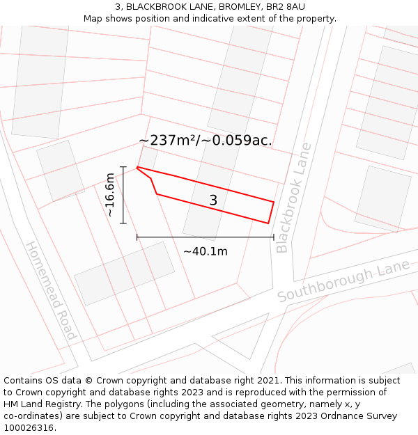 3, BLACKBROOK LANE, BROMLEY, BR2 8AU: Plot and title map