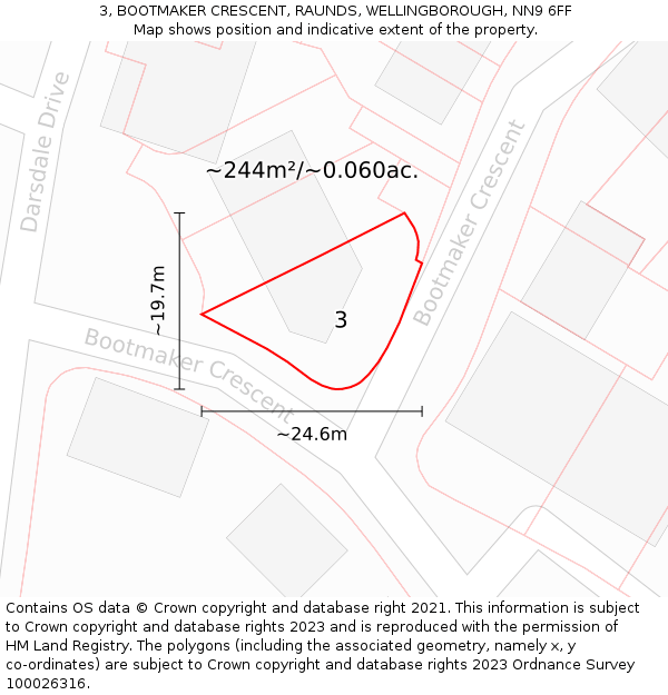 3, BOOTMAKER CRESCENT, RAUNDS, WELLINGBOROUGH, NN9 6FF: Plot and title map