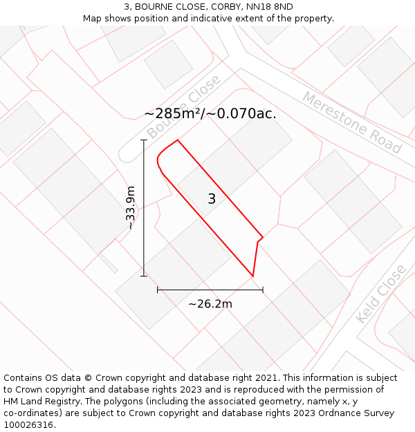 3, BOURNE CLOSE, CORBY, NN18 8ND: Plot and title map
