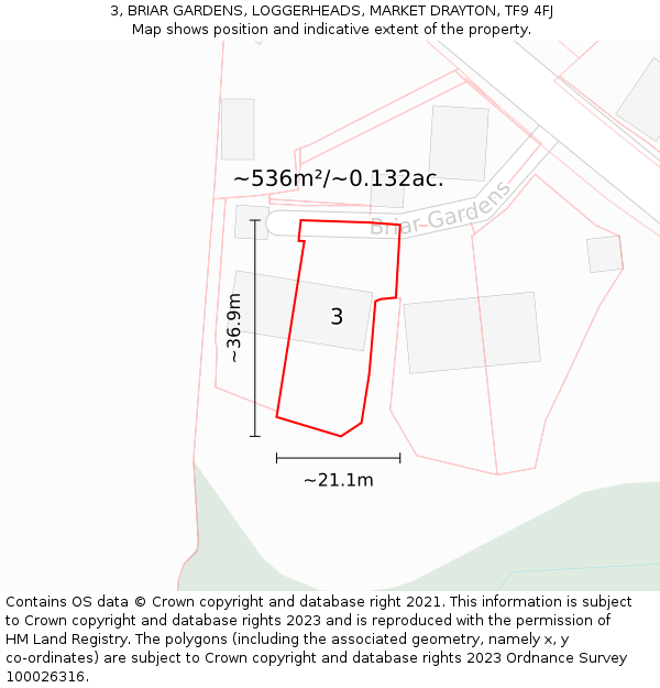 3, BRIAR GARDENS, LOGGERHEADS, MARKET DRAYTON, TF9 4FJ: Plot and title map