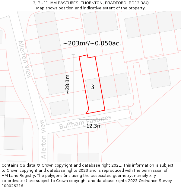 3, BUFFHAM PASTURES, THORNTON, BRADFORD, BD13 3AQ: Plot and title map