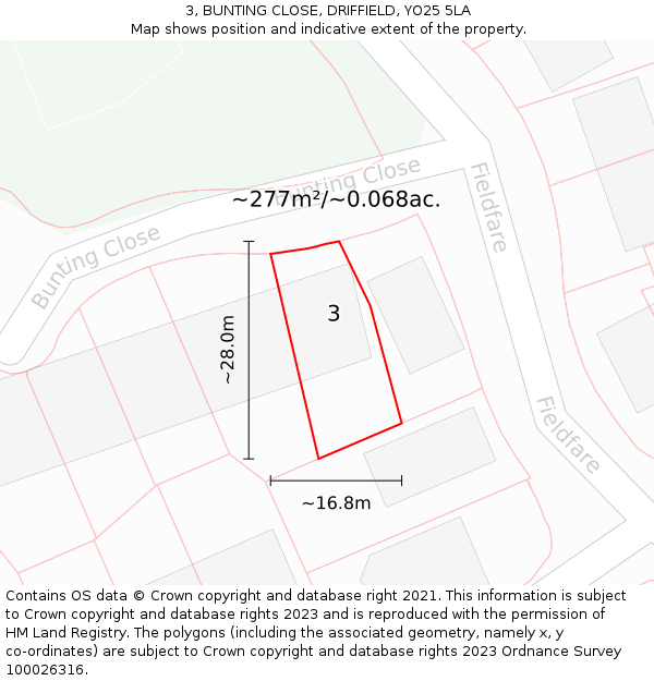 3, BUNTING CLOSE, DRIFFIELD, YO25 5LA: Plot and title map