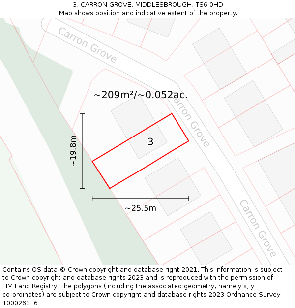 3, CARRON GROVE, MIDDLESBROUGH, TS6 0HD: Plot and title map