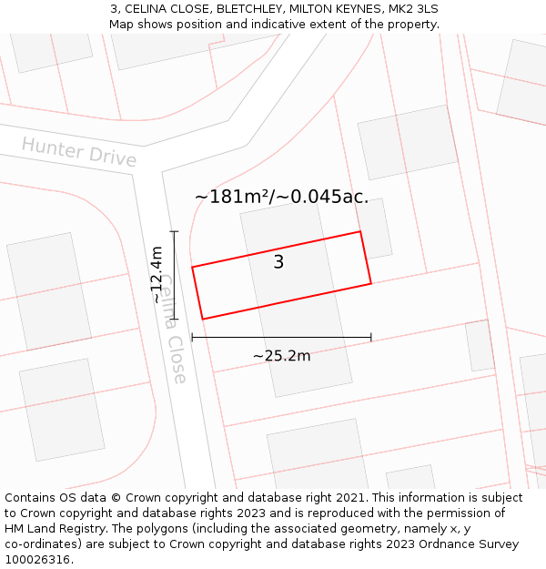 3, CELINA CLOSE, BLETCHLEY, MILTON KEYNES, MK2 3LS: Plot and title map