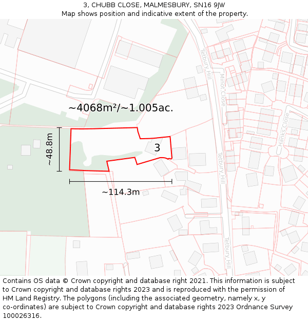 3, CHUBB CLOSE, MALMESBURY, SN16 9JW: Plot and title map