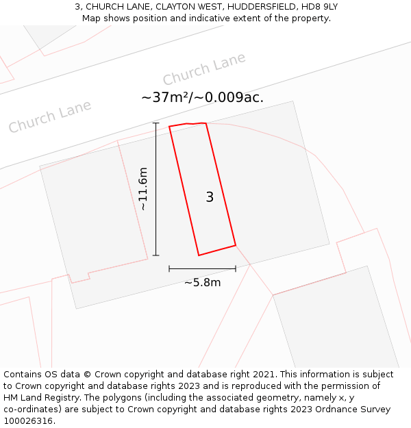 3, CHURCH LANE, CLAYTON WEST, HUDDERSFIELD, HD8 9LY: Plot and title map
