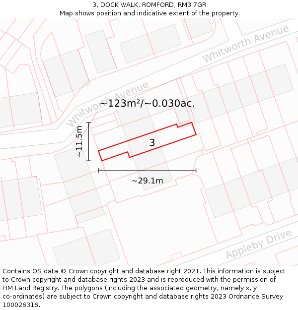 3, DOCK WALK, ROMFORD, RM3 7GR: Plot and title map