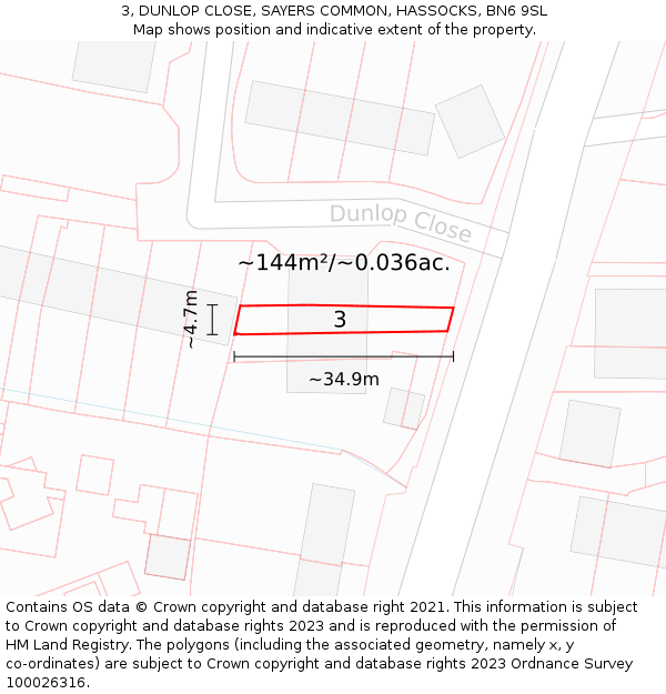 3, DUNLOP CLOSE, SAYERS COMMON, HASSOCKS, BN6 9SL: Plot and title map
