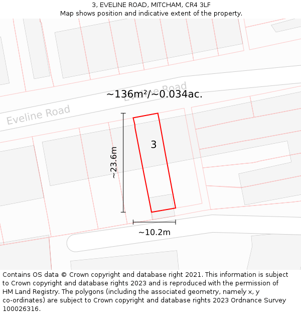 3, EVELINE ROAD, MITCHAM, CR4 3LF: Plot and title map